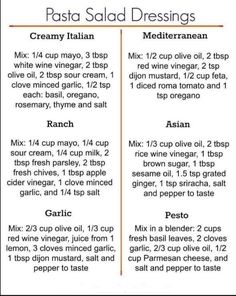 the recipe for pasta salad dressings