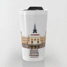 a white coffee cup with an image of a building on the side and stairs leading up to it