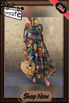 Autumn Summer Pleated Dress Women Vintage Vestidos Robe Printed Long Maxi Dresses Plus Size Femme 3/4 Sleeve Tunic Multicolor Half Sleeve Dresses For The Beach, Multicolor Half Sleeve Dresses, Casual Multicolor Dress With 3/4 Sleeves, Bohemian Printed Maxi Dress With 3/4 Sleeve, Casual Multicolor Midi Dress With 3/4 Sleeves, Maxi Dresses Plus Size, Long Multicolor Free Size Cover-up, Tropical Multicolor Maxi-length Cover-up, Long Maxi Dresses