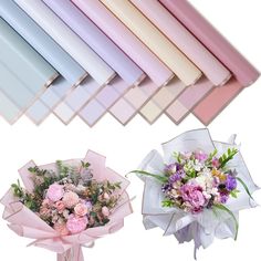 three bouquets of flowers are in front of the color swatches on this white background