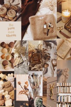 a collage of photos with different items and words on them, including candles, books, pictures, and other things