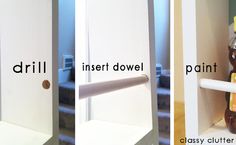 two pictures showing how to open an empty pantry door and inserting the bottom shelf