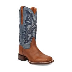 The Dan Post Women's Ellie Leather Boot DP5254 is a stylish 12-inch stockman boot for comfort and fashion. It has a removable soft strike orthotic for added support, a broad square toe for a classic look, and a durable leather outsole for long-lasting wear. The combination of denim shaft and brown leather creates a laid-back yet fashionable appearance, making it a perfect choice for everyday wear. FEATURES: DENIM SHAFT 12" HEIGHT 12 " CALF CIRCUMFERENCE 1" STOCKMAN HEEL LEATHER LINING BROAD SQUA Western Denim Boots With Round Toe, Western Denim Boots For Rodeo, Western Denim Boots, Casual Fitted Snip Toe Work Boots, Casual Fitted Work Boots With Snip Toe, Casual Rodeo Boots With Reinforced Toe, Casual Snip Toe Ranch Boots, Casual Ranch Snip Toe Boots, Casual Square Toe Boots For Ranch