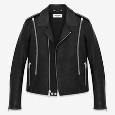 SAINT LAURENT          PARIS L15 Signature Zip Biker Racer Jacket Size:  FR 38 / US 6 Signature Saint Laurent leather jacket with epaulets, off-center zip closure, 2 functional zippers along chest and zip pockets and cuffs.  100% Calf-skin leather.  Made in Italy. Shoulders:  15.25 inches Bust:  18 inches Length:  19.5 inches Sleeve:  23 inches  MSRP:  $5,290 + tax Saint Laurent Leather Jacket, Motorcycle Racers, Racer Jacket, Saint Laurent Paris, Vest Jacket, Yves Saint Laurent, Calf Skin, Zip Pockets, Saint Laurent