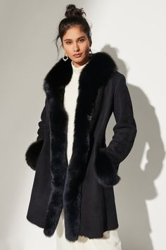 Chantal Reversible Sheepskin Coat with Black Fox Fur Trim | Overland Coat With Fur Trim, Coat With Fur, Black Fox, Reversible Coat, Fur Parka, Sheepskin Coat, Shearling Coat, Fur Fashion, Fox Fur