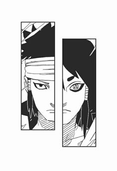 an anime character with black and white lines in the shape of two faces, one is looking