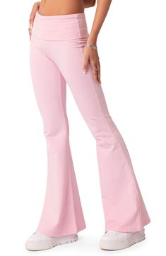 EDIKTED Naomi Flared Knit Pants | Nordstrom Trendy Cotton Bottoms With Flared Hem, Trendy Fitted Bottoms With Flared Hem, Solid Color Stretch Bottoms With Flared Hem, Pink Stretch Wide Leg Pants For Spring, Trendy Stretch Cotton Flares, Trendy Flared Elastane Leggings, Trendy Flared Leggings For Spring, Trendy Spring Flare Leggings, Trendy Flare Leggings For Spring