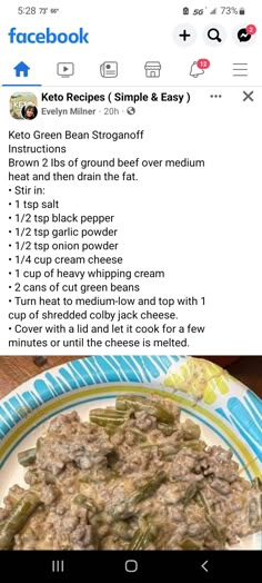 the recipe for keto green bean stroganoni is displayed on a plate