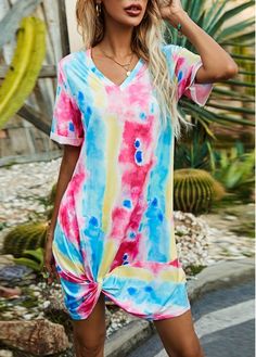 Color:Multi Color;Size:S;Size:M;Size:L;Size:XL;Decoration:Twist Hem;Package Contents:1 X Dress;Color Scheme:Multi Color;Season:Summer;Silhouette:High waist;Sleeve&apos;s Length:Short Sleeve;Dress Length:Mini;Pattern Type:Tie Dye;Neckline:V Neck;Washing Instructions:Hand Wash /Machine Washable;Composition:95% Polyester, 5% Spandex;Style:Casual;Occasion:Staycation; Chic Casual, Multicolor Dress, Short Sleeve Mini Dress, Tie Dye Shorts, Vestido Casual, Denim Overalls, Short Sleeve Dress, Tie Dye Print, Tie Dress