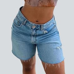 Cut-out leg women's denim shorts Trendy Cutoff Jeans With Built-in Shorts, Ripped Short Jeans For Summer, Ripped Jeans Shorts For Summer, Trendy Mid-rise Bermuda Shorts For Summer, Ripped Summer Jeans Shorts, Trendy High Waist Bermuda Shorts For Summer, Trendy Knee-length Shorts, Ripped High-waisted Jean Shorts, Knee-length Jean Shorts For Summer