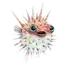 a drawing of a puffer fish with green eyes