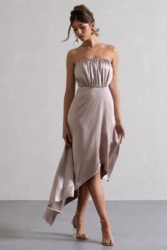 Willa | Taupe Satin Bandeau Maxi Dress With Asymmetric Hem Beige Midi Dress For Prom, Spring Modal Satin Maxi Dress, Beige Silk Maxi Dress, Beige Satin Dress For Night Out, Beige Satin Dress For Evening, Beige Satin Dress For Date Night, Chic Beige Satin Evening Dress, Spring Party Modal Satin Maxi Dress, Elegant Taupe Dress For Party