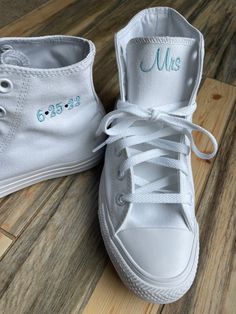 Converse is having inventory issues on the all white / monochrome hi top this may delay your order Getting Married? What a great idea. Bat Mitzvah ? Sweet 16? Any special occasion Embroidery is for name with a date on the side with dots separating the numbers, but I can customize it for your needs. Hearts are an option but you MUST write that in your order. Please message me your ideas. You can have a monogram or a name, ie Mrs. Smith This listing is for the date on the side with dots separating White Wedding Sneakers With Custom Embroidery, White Low-top Bridal Sneakers, Customizable Low-top Sneakers For Anniversary, White High-top Sneakers For Wedding, White Embroidered Lace-up Sneakers, Bride And Groom Converse, Bride Sneakers Wedding, Groom Converse, Sneakers Bride