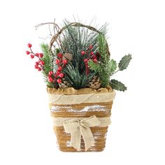 a basket filled with pine cones, holly and red berries on top of a white background