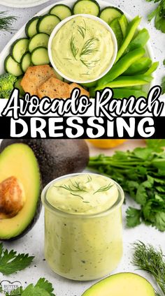 avocado ranch dressing in a glass jar surrounded by fresh vegetables and cucumbers