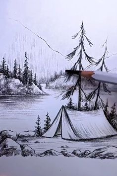 a drawing of a tent in the snow with trees and mountains behind it, as well as a person holding a pen