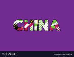 the word china written in colorful letters on a purple background with an image of a woman's face