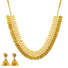 This unique 22k gold jewelry set is just what a woman needs to add a gleaming layer of gold to their looks for a special evening.The 22k yellow gold necklace and matching jhumka earrings have a ultra feminine style and appeal. The vibrant cubic zirconia, rubies, and cultural engravings add a regal feel to this dazzling set.Features• 22K Yellow Gold.• Rubies. • Cubic Zirconia.Specifications• Minimum Necklace Width - 2 millimeters • Maximum Necklace Width - 27 millimeters• Necklace Length - 22 inc Bollywood Style Gold Plated Temple Necklace, 22k Yellow Gold Bollywood Jewelry Sets, Dual-tone 22k Gold Jewelry For Festivals, 22k Gold Jewelry For Puja, 22k Yellow Gold Jewelry Sets For Puja, 22k Gold Jewelry Sets For Festivals, 22k Yellow Gold Bollywood Bridal Necklace, Yellow Gold Jewelry Sets For Festivals, Bollywood 22k Yellow Gold Bridal Necklace