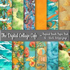 the digital collage cafe paper pack includes tropical scenes, flowers and palm trees in bright colors