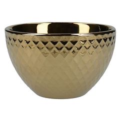 a gold colored bowl with geometric designs on the rim and bottom, sitting in front of a white background