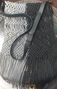 Retro Handmade black and gray Macrame black leather Belt Boho Hippie Tote Bag Black Crochet Bag With Woven Leather For Everyday Use, Black Bohemian Handwoven Shoulder Bag, Bohemian Black Handwoven Shoulder Bag, Black Leather Handwoven Shoulder Bag, Black Macrame Crochet Bag For Everyday Use, Black Woven Crossbody Shoulder Bag, Black Rectangular Macrame Bag, Handmade Black Crochet Crossbody Bag, Bohemian Black Woven Leather Bag