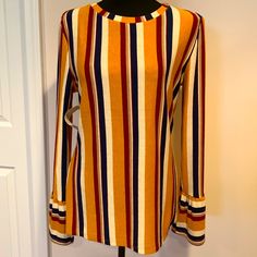 Nwt Multi Color (Cream, Wine Mustard, Tan And Navy Blue) Top With A Slight Flare In At The Sleeve At Wrist. Size Large. Has Plenty Of Stretch Navy Blue Top, Blue Top, Mustard, Multi Color, Small Business, Navy Blue, Product Description, Womens Tops, Wine