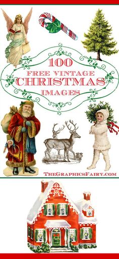 an old fashioned christmas card with santa claus and other holiday related items in red, green and white