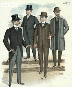 Here is a sample of 1890s clothing for gentlemen of the kind the Percy & Quesnel are oft described as wearing throughout the series.   Fashion plate, 1880s-90s via shewhosorshipscarlin tumblr Hats have begun to get smaller and more refined than the earlier parts of the Victorian era.  The cravat is tied more simply, leans towards muted colors, and is beginning to look more like a tie. In fact we start to see the word “tie” being used for this piece of clothing, or something similar but cut of a Victorian Male Fashion, 1890s Mens Fashion, Victorian Mens Clothing, 1890 Fashion, Dream Costume