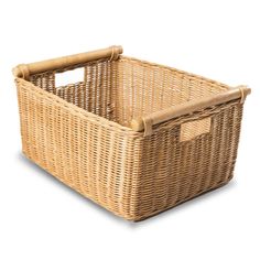 an empty wicker basket with handles on a white background