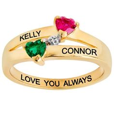 Make this couple's birthstone ring a token of your enduring love! 14K Gold over Sterling design showcases two heart-shaped birthstones with a personalized name engraved next to each stone. Include a special message or date along the inside band to create the perfect gift idea for a birthday, anniversary or Valentine's Day. Personalization cannot contain any special characters, emojis or shapes. Size: one size.  Gender: female.  Age Group: adult. Heart-shaped Birthstone Ring For Mother's Day, Personalized Rings For Promise With May Birthstone, Personalized Promise Rings With May Birthstone, Birthstone Rings For Anniversary Gift On Mother's Day, Mother's Day Birthstone Rings For Anniversary Gift, Anniversary Gift Rings With Birthstone For Mother's Day, Heart Ring With Birthstone For Mother's Day Anniversary, Personalized Promise Birthstone Ring For Mother's Day, Heart Birthstone Ring For Anniversary And Mother's Day