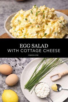 egg salad with cottage cheese on a white plate next to lemons, eggs and chives