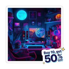 a computer desk with the words buy 10 get 50 % off on it and an image of