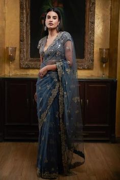 Shop for Nitika Gujral Blue Net Embroidered Saree With Blouse for Women Online at Aza Fashions Plunging Neckline Blouse, Bridal Lehenga Designs, Fancy Sarees Party Wear, Gold Blouse, Embroidered Saree, Effortlessly Chic Outfits, Blue Tulle, Blue Saree, Saree Trends