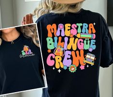 "Maestra Shirt, Personalized Maestra, Spanish Teacher Sweatshirt, Bilingual Teacher, Maestra Bilingue, Dual Language, Maestra Appreciation ↓ See the rest of our trendy collections here ↓ https://www.etsy.com/shop/tranhuynhduc Product Details: 100% Cotton (fiber content may vary for different colors) Medium fabric (5.3 oz/yd² (180 g/m Classic fit Tear away label Runs true to size Care instructions: Machine wash: warm (max 40C or 105F); Non-chlorine: bleach as needed; Tumble dry: medium; Do not ir Teacher First Day Of School, Third Grade Teacher Shirts, Kindergarten Teacher Shirts, Third Grade Teacher, Teacher Personalized, Teacher Sweatshirt, Dual Language, Spanish Teacher, Kindergarten Teacher