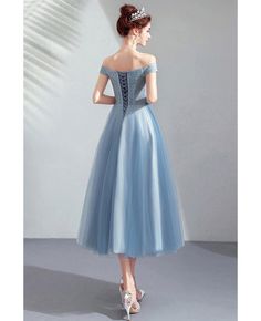 Buy Dusty Blue Tulle Tea Length Party Dress Off Shoulder With Lace at wholesale price online. Free shipping and pro custom service since 2009. Light Blue Knee-length Dress For Banquet, Light Blue Knee-length Dress For Banquets, Elegant Light Blue Dress For Party Season, Elegant Light Blue Dresses For Party Season, Fitted Light Blue Dress For Banquet, Blue Tea Length Evening Dress, Blue Tea Length Dress For Evening, Light Blue Fitted A-line Evening Dress, Elegant Light Blue Party Season Dresses