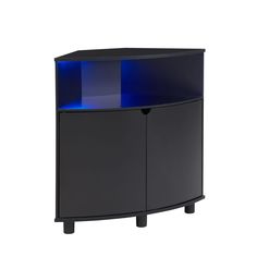 a black cabinet with blue lights on the top and bottom shelf is shown in front of a white background