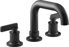 two faucets with black handles and nozzles are shown in this image