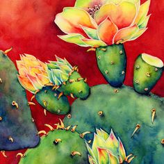 a painting of a cactus with flowers on it