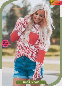 Red Aztec Print Splicing Pocket Long Sleeve Top Aztec Print, Long Sleeve Top, Long Sleeve Tops, Sleeve Top, On Sale, Long Sleeve, Red