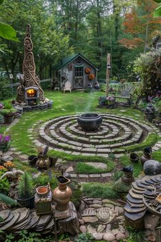 a garden filled with lots of different types of pots and vases on top of grass