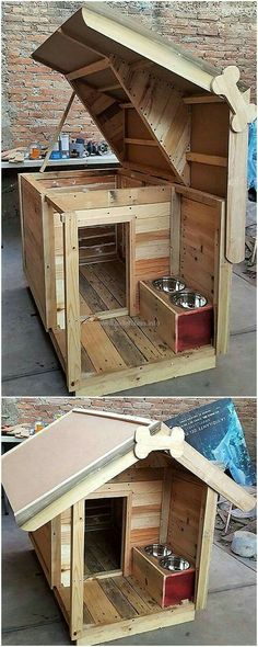 the dog house is made out of pallet wood