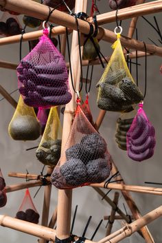 several small bags hanging from a bamboo pole