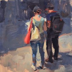 a painting of two people walking down the street with an umbrella over their head and one person carrying a red bag