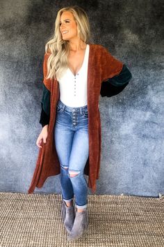 The Lane Duster – StroCo. Collection Long Brown Outerwear For Loungewear, Brown Long Outerwear For Loungewear, Duster Vest, Vest Outfit, The Lane, Burnt Orange Color, Western Booties, Eclectic Fashion, Cute Comfy