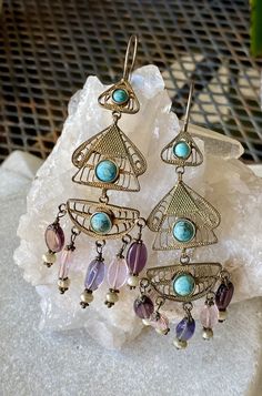 Beautiful Boho Middle Eastern Bedouin Gilt metal filigree Turquoise Amethyst Vintage Long Earrings Bohemian Turquoise Earrings With Intricate Design, Turquoise Bohemian Earrings With Intricate Design, Bohemian Amethyst Jewelry With Intricate Design, Bohemian Amethyst Chandelier Earrings Gift, Traditional Turquoise Jewelry With Filigree, Traditional Turquoise Filigree Jewelry, Bohemian Amethyst Jewelry With Matching Earrings, Bohemian Gemstone Chandelier Earrings, Ornate Handmade Turquoise Jewelry