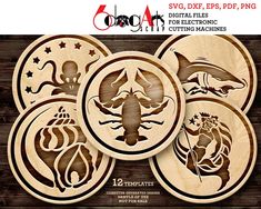 four wooden coasters with different types of animals on them and the words, 5 dxf files for electronic cutting machines