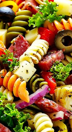 colorful pasta salad with olives and tomatoes