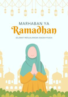 an illustration of a muslim woman praying in front of a mosque with the words ramah ya