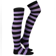 Purple Lavender And Black *See Last Photos For A Preview Of More Colors Sold Separately In My Closet/Shop Cute Striped Over The Knee Socks These Are The Thicker Stripe, Slightly Lighter Version To A Similar Pair Listed Separately In My Closet/Shop Very Stretchy But Fit Slim Legs More Comfortably, Might Be Tight At The Top If You're Curvy Or Muscular. Fun Socks Bundle For The Best Deal New To Poshmark? Use My Referral Code Kattakitty And Get $10 To Spend! Sales Are Temporary. Slap A On Items For Purple Stretch Tights For Winter, Purple Stretch Winter Tights, Fitted Purple Thigh High Stockings, Winter Stretch Purple Tights, Winter Purple Stretch Tights, Purple Stretch Thigh High Hosiery, Fitted Purple Thigh-high Legwear, Fitted Purple Thigh High Legwear, Trendy Fitted Purple Tights