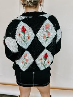 Fits TTS- the model is 5'4 and wearing a size small. The Floral Dreams Sweater features a vintage flower and diamond pattern sweater. 100% Polyester Flower Sweater Outfit, Sweater Runway, Diamond Sweater, Flower Sweater, Floral Sweater, Sweater Crochet Pattern, Pattern Sweater, Diamond Pattern, Vintage Flowers